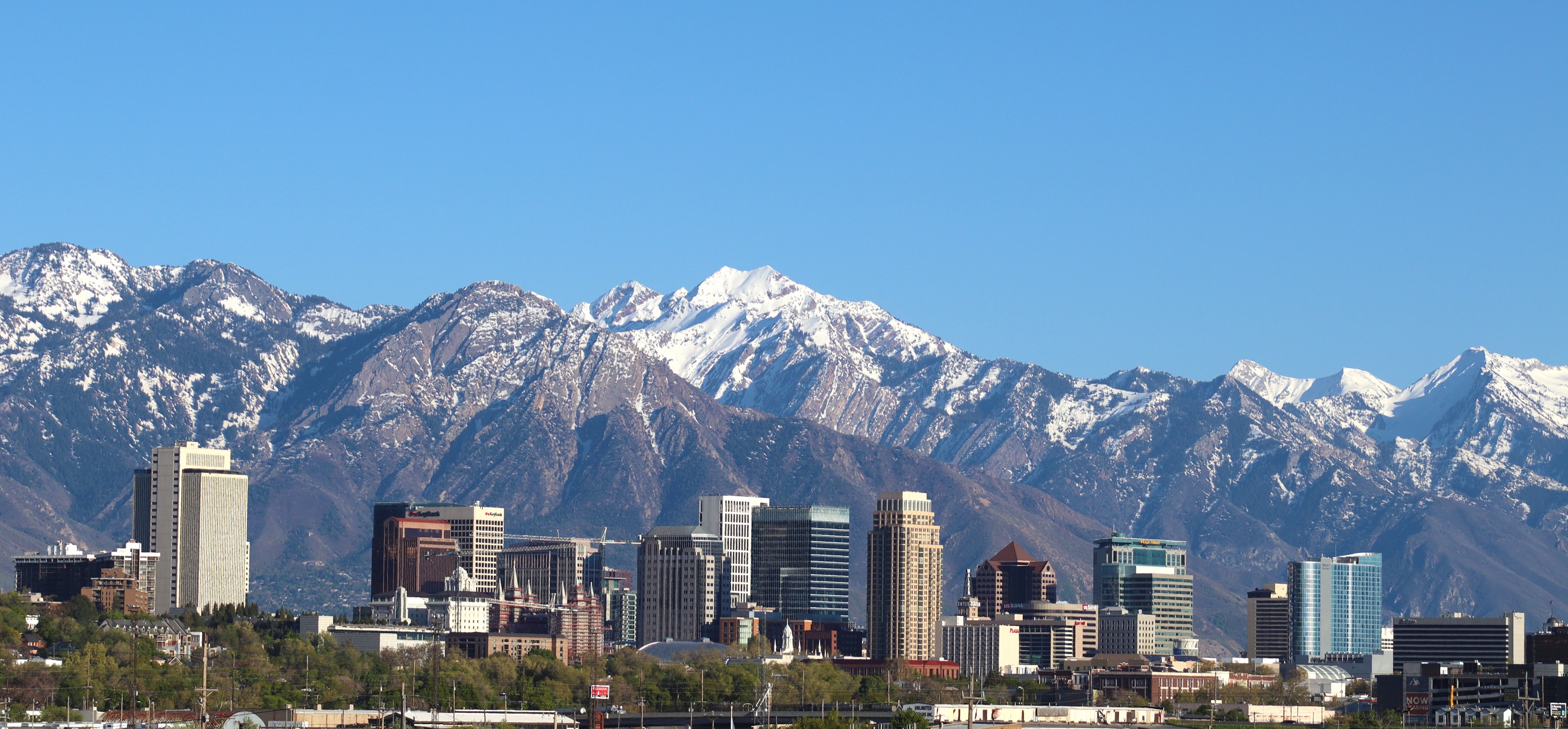 Downtown Salt Lake City against the snow-covered Wasatch Range