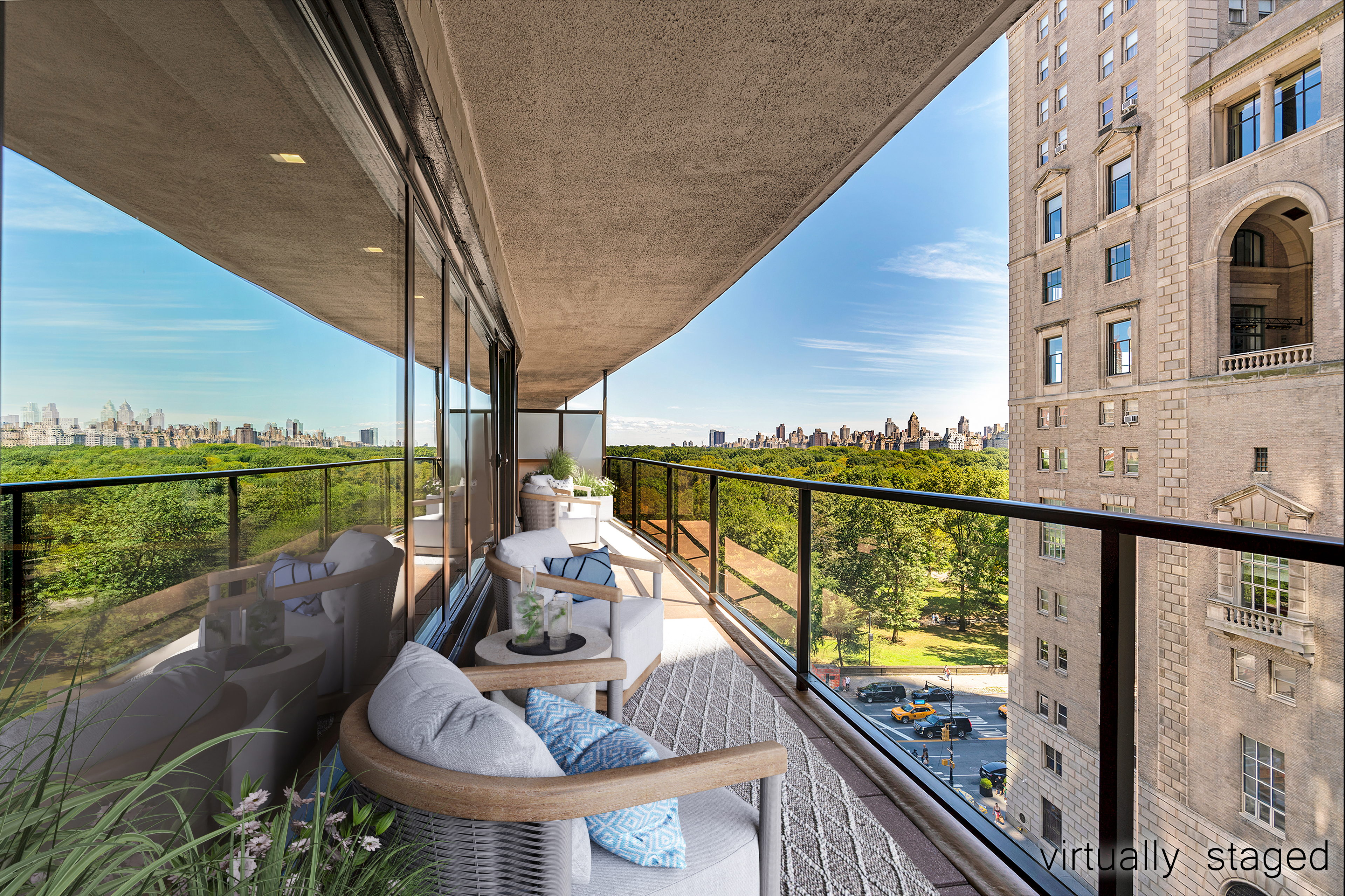 A private terrace above Central Park, the Manhattan skyline running along the far side
